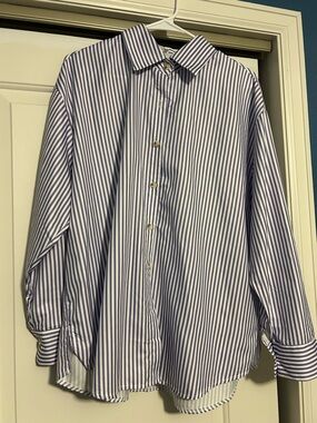Women’s Purple and White Stripe Button-Up Shirt